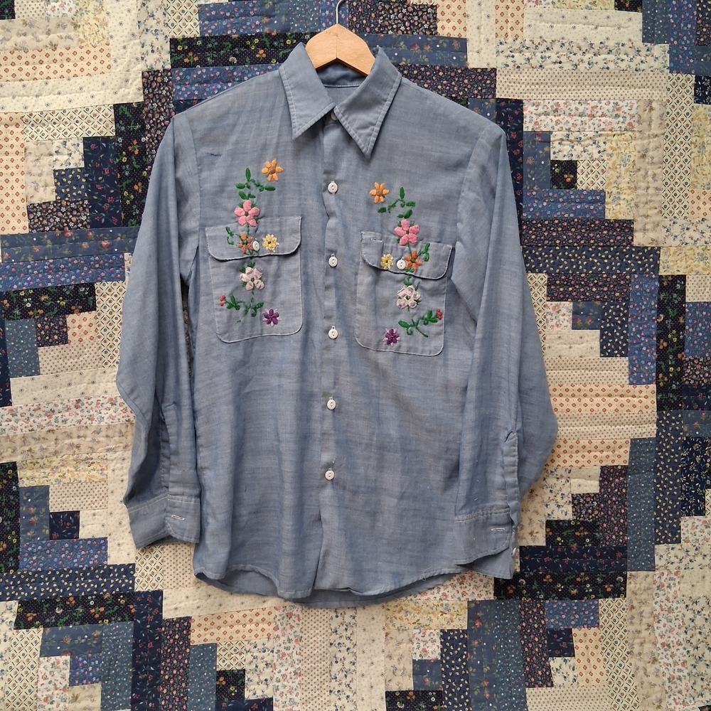 True Vintage Big Mac Selvedge Chambray Floral Embroidered Shirt Medium Blue